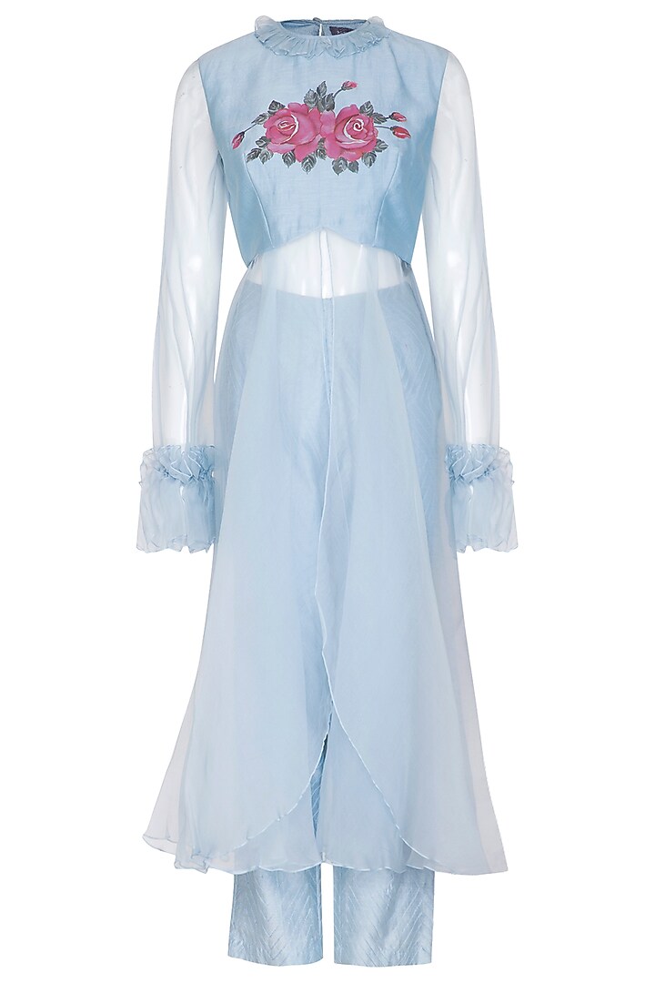 Pastel Blue Hand Painted Tunic With Embroidered Pants by Baavli