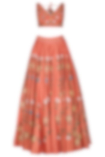 Coral Peach Hand Painted & Embroidered Lehenga Set by Baavli