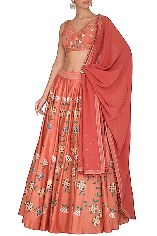Coral Peach Hand Painted & Embroidered Lehenga Set by Baavli