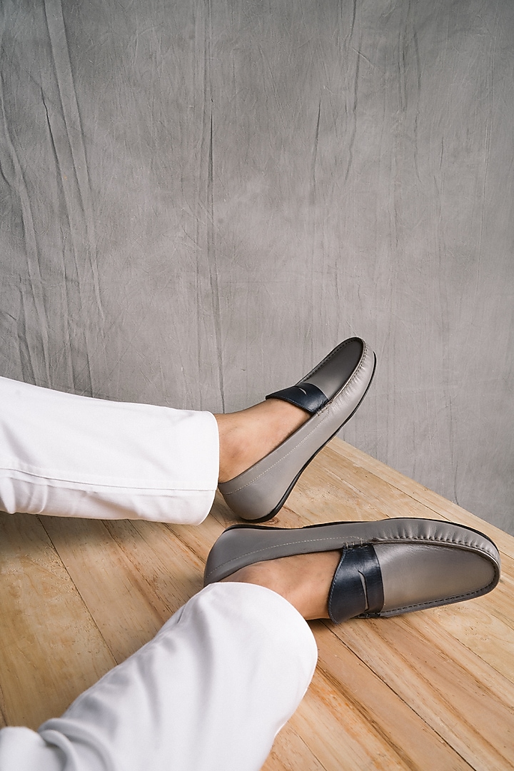 Grey & Blue Nappa Leather Loafers by Baron&Bay at Pernia's Pop Up Shop
