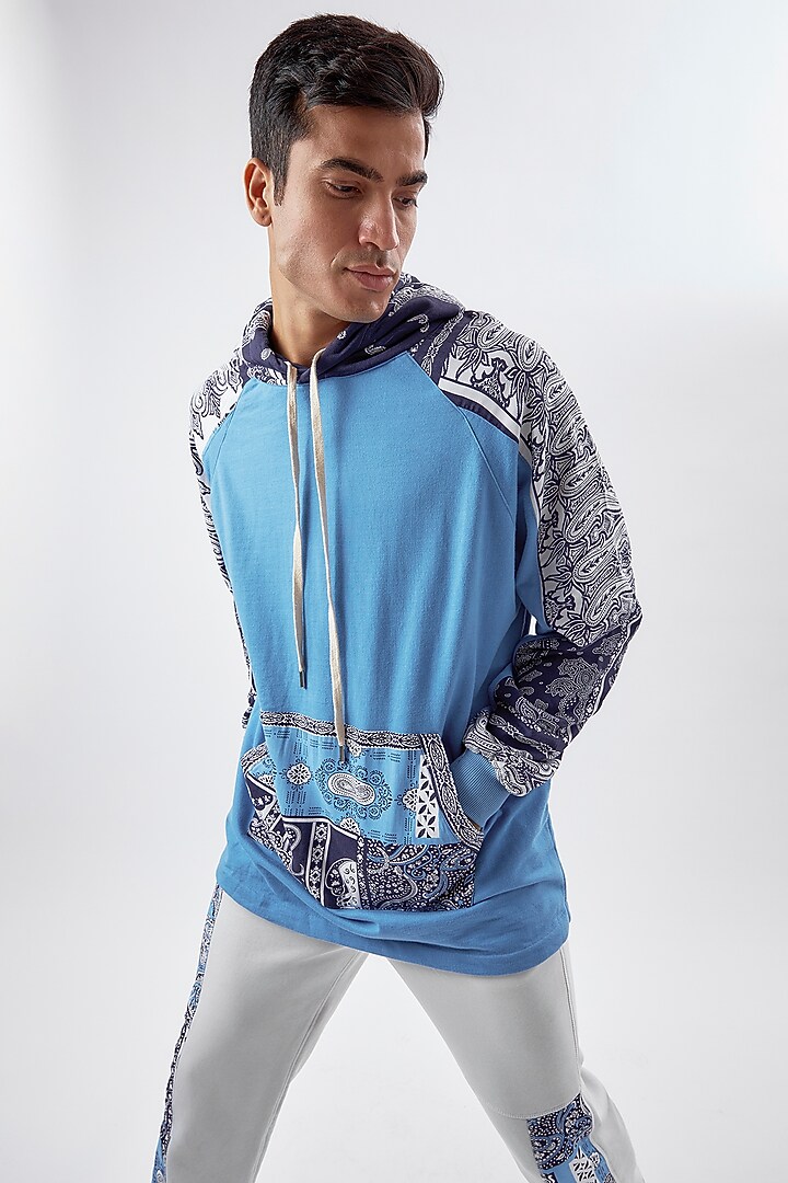 Blue Cotton Paisley Printed Hoodie by BACK ALLEY BODEGA at Pernia's Pop Up Shop