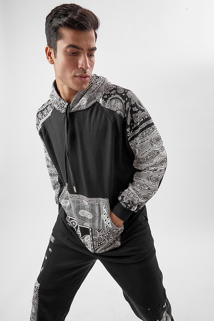 Black Cotton Printed Hoodie by BACK ALLEY BODEGA at Pernia's Pop Up Shop