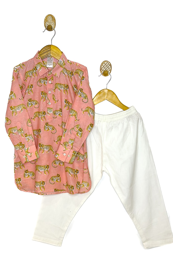Peach Pure Cotton Kurta Set For Boys by Baby Wagon