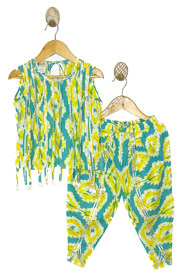 Yellow & Green Pure Cotton Abstract Printed Dhoti Set For Girls by Baby Wagon at Pernia's Pop Up Shop