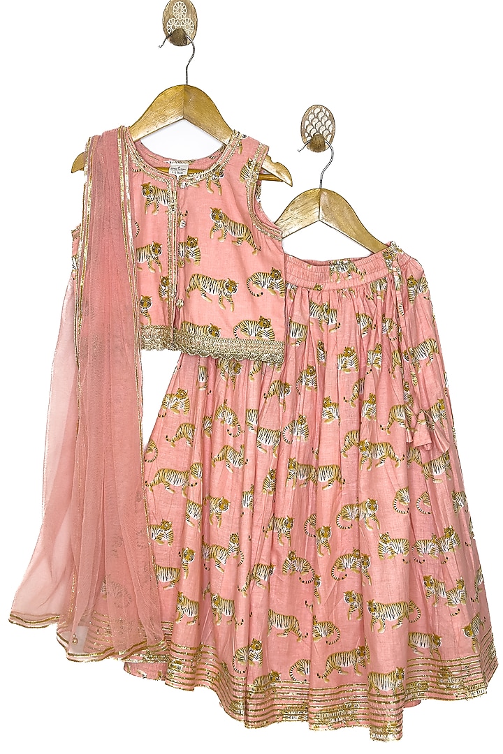 Peach Pure Cotton Gota Work Lehenga Set For Girls by Baby Wagon at Pernia's Pop Up Shop