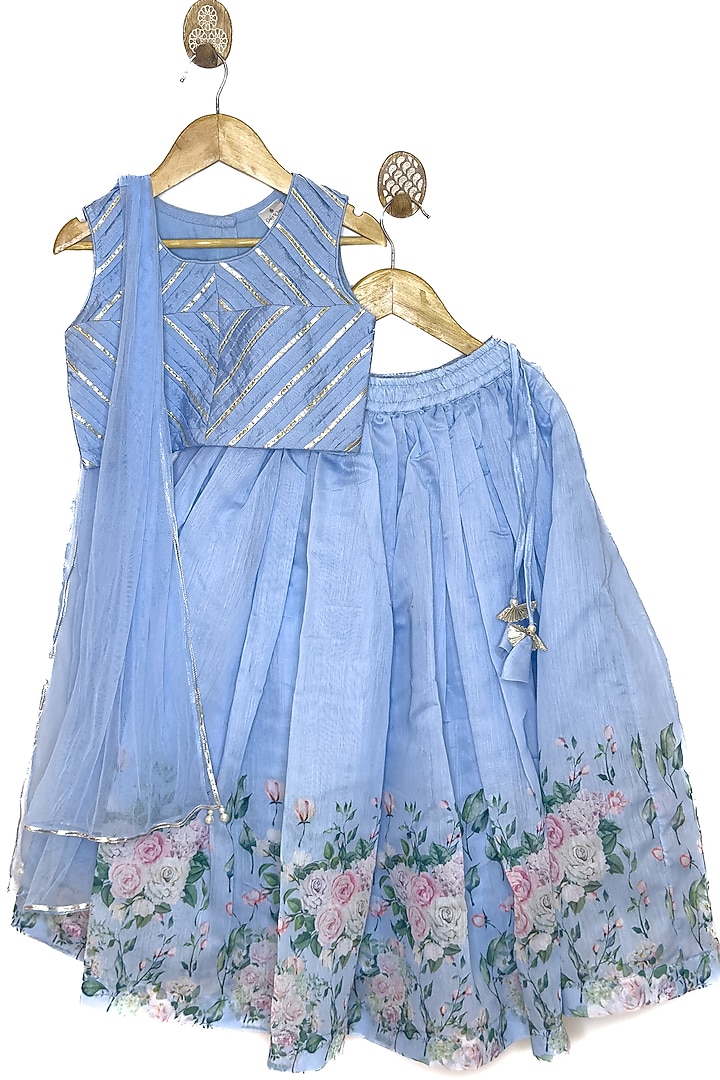 Powder Blue Chanderi Gota Work Lehenga Set For Girls by Baby Wagon at Pernia's Pop Up Shop