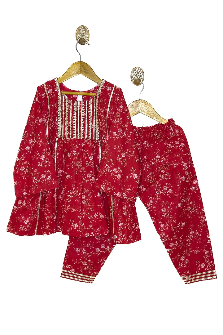 Red Pure Cotton Gota Work Kurta Set For Girls by Baby Wagon at Pernia's Pop Up Shop