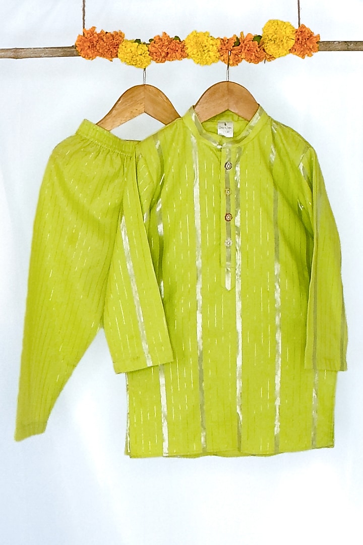 Green Cotton Lace & Gota Work Kurta Set For Boys by Baby Wagon