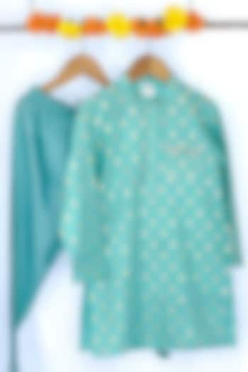 Aqua Green Chanderi Cotton Kurta Set For Boys by Baby Wagon