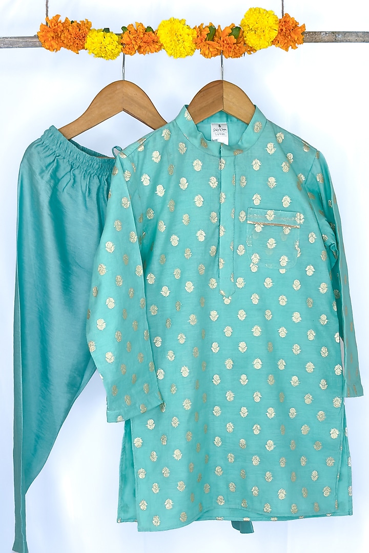 Aqua Green Chanderi Cotton Kurta Set For Boys by Baby Wagon