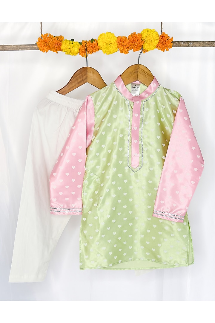 Green & Pink Cotton Satin Heart Printed Kurta Set For Boys by Baby Wagon