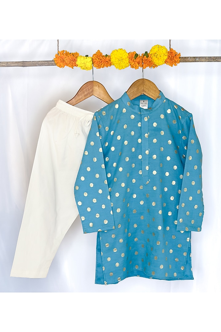 Blue Chanderi Cotton Polka Dot Printed Kurta Set For Boys by Baby Wagon