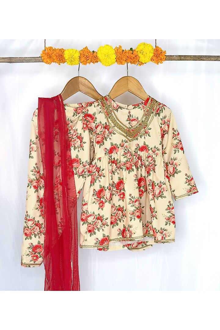 Off-White Cotton Floral Printed Frock-Style Kurta Set For Girls by Baby Wagon at Pernia's Pop Up Shop