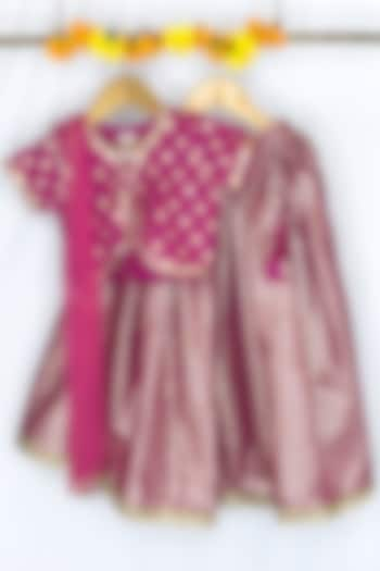 Magenta Chanderi Cotton Brocade Weaves Lehenga Set For Girls by Baby Wagon at Pernia's Pop Up Shop