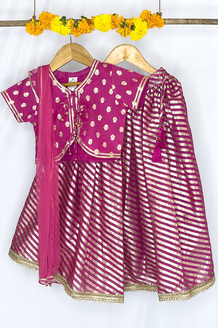 Magenta Chanderi Cotton Brocade Weaves Lehenga Set For Girls by Baby Wagon at Pernia's Pop Up Shop