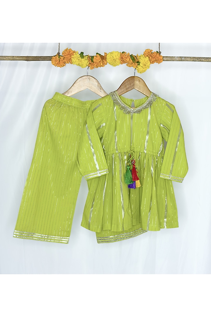 Parrot Green Cotton Lace Work Frock-Style Kurta Set For Girls by Baby Wagon at Pernia's Pop Up Shop