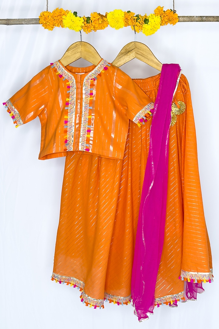 Orange Cotton Lehenga Set For Girls by Baby Wagon at Pernia's Pop Up Shop