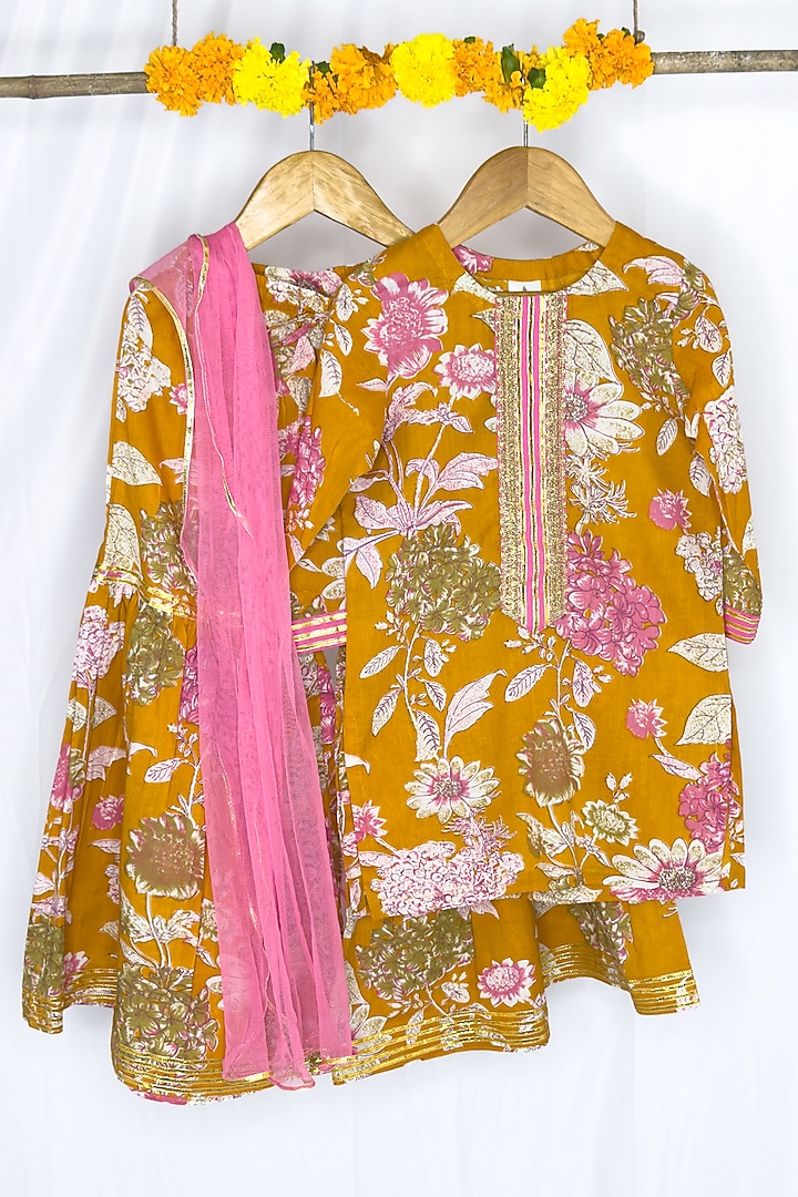 Mustard Cotton Floral Printed Sharara Set For Girls by Baby Wagon at Pernia's Pop Up Shop