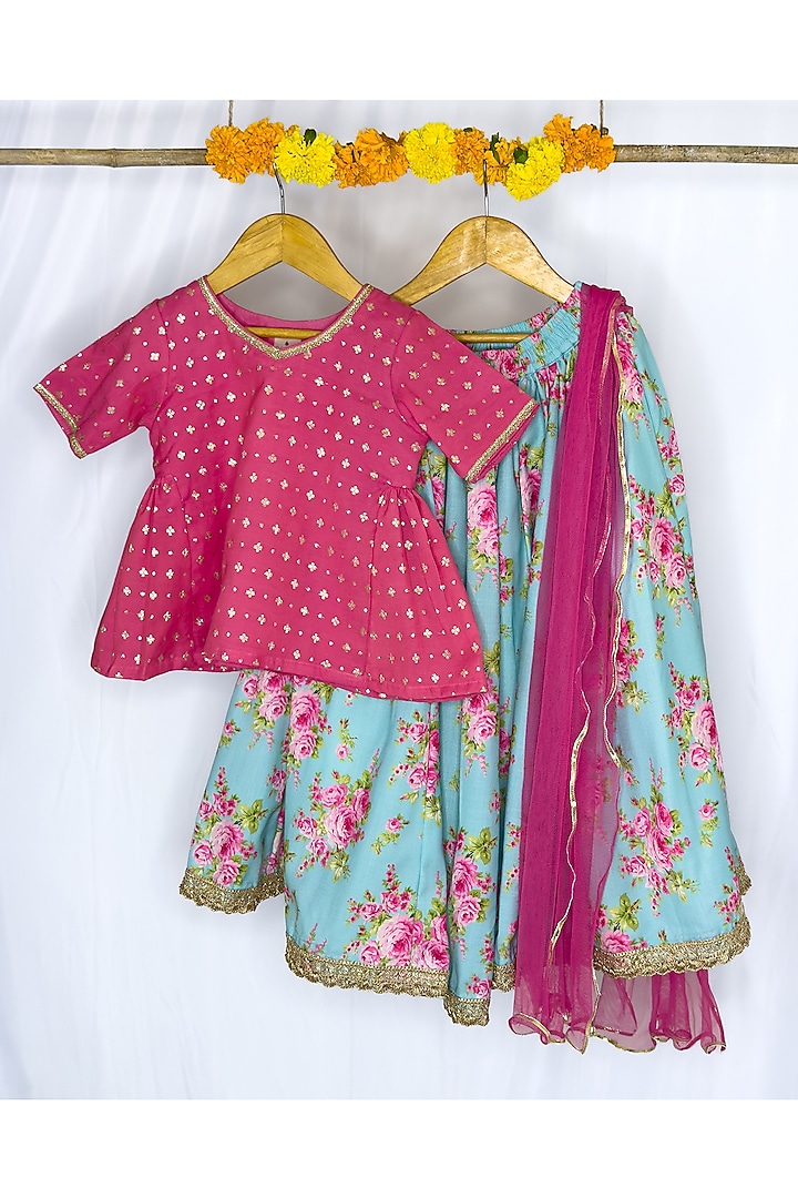 Blue Cotton Floral Printed Lehenga Set For Girls by Baby Wagon at Pernia's Pop Up Shop