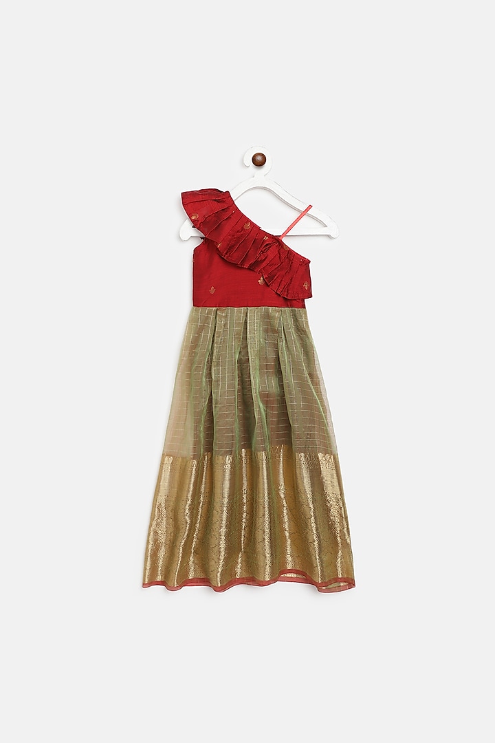 Red & Mehandi Green Dupion One-Shoulder Dress For Girls by Baby Zi at Pernia's Pop Up Shop