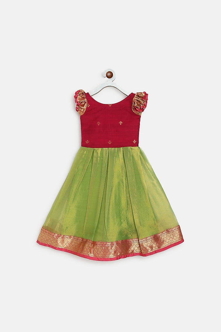 Pink & Green Dupion Dress For Girls by Baby Zi at Pernia's Pop Up Shop