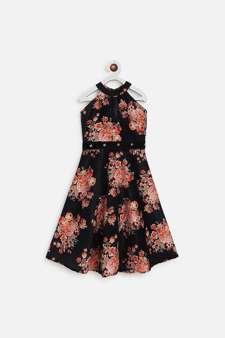 Black Velvet Floral Printed Dress For Girls by Baby Zi at Pernia's Pop Up Shop