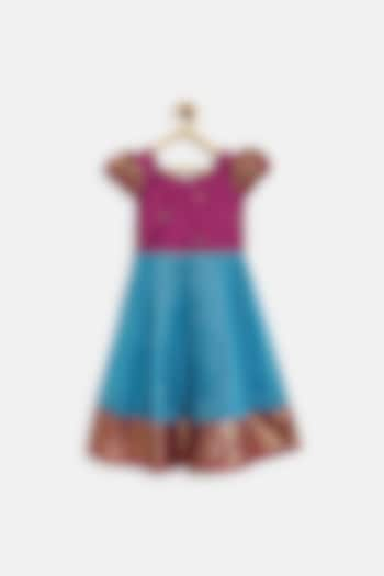 Pink & Blue Dupion Hand Embroidered Pleated Dress For Girls by Baby Zi at Pernia's Pop Up Shop