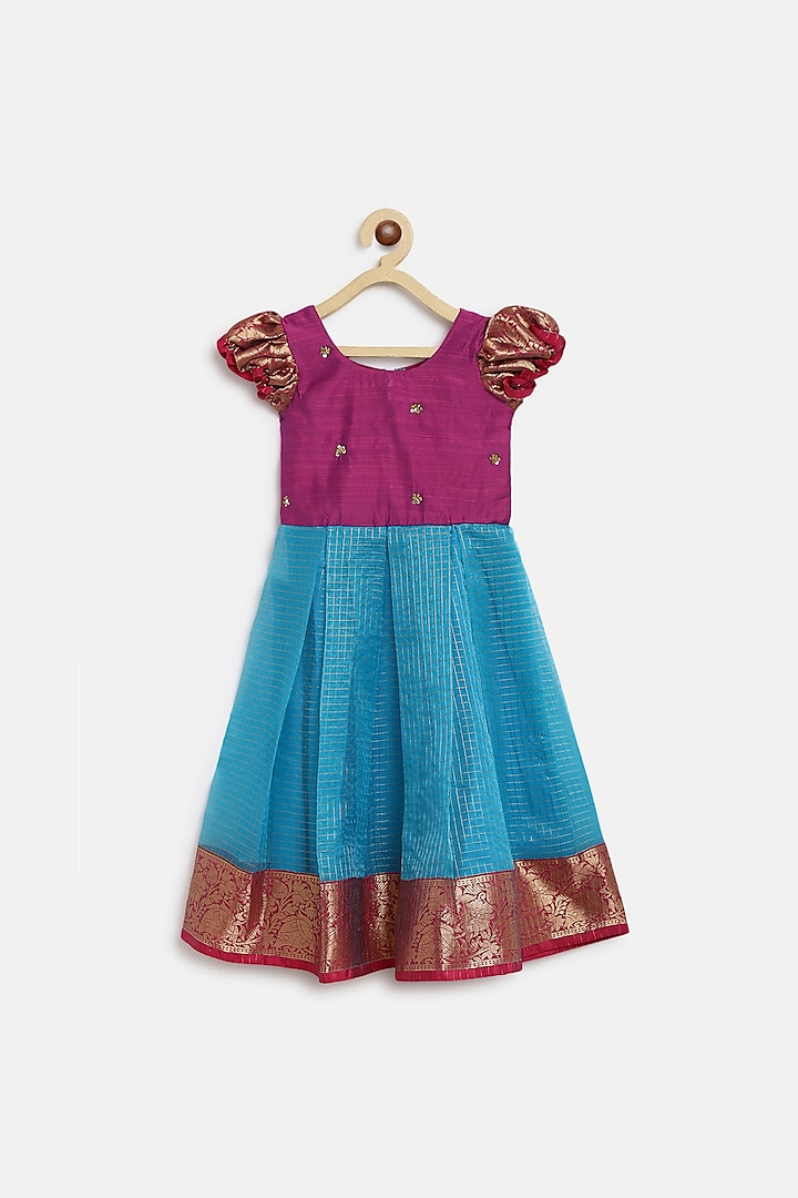 Pink & Blue Dupion Hand Embroidered Pleated Dress For Girls by Baby Zi at Pernia's Pop Up Shop