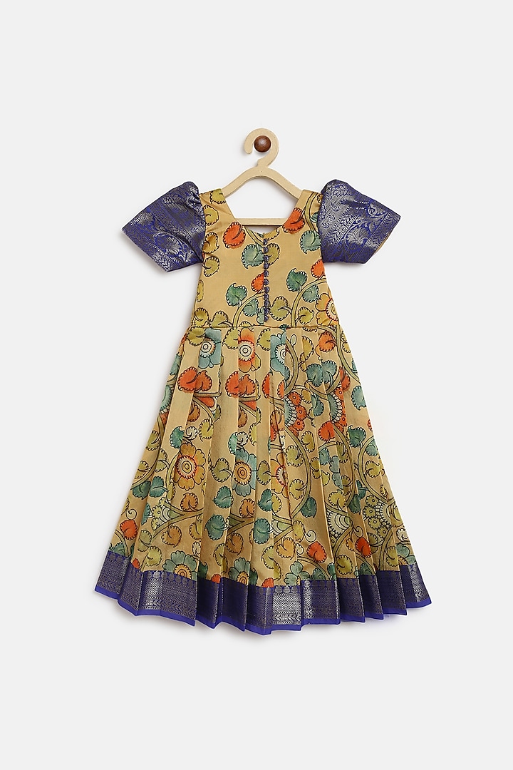 Yellow Silk Printed Dress For Girls by Baby Zi
