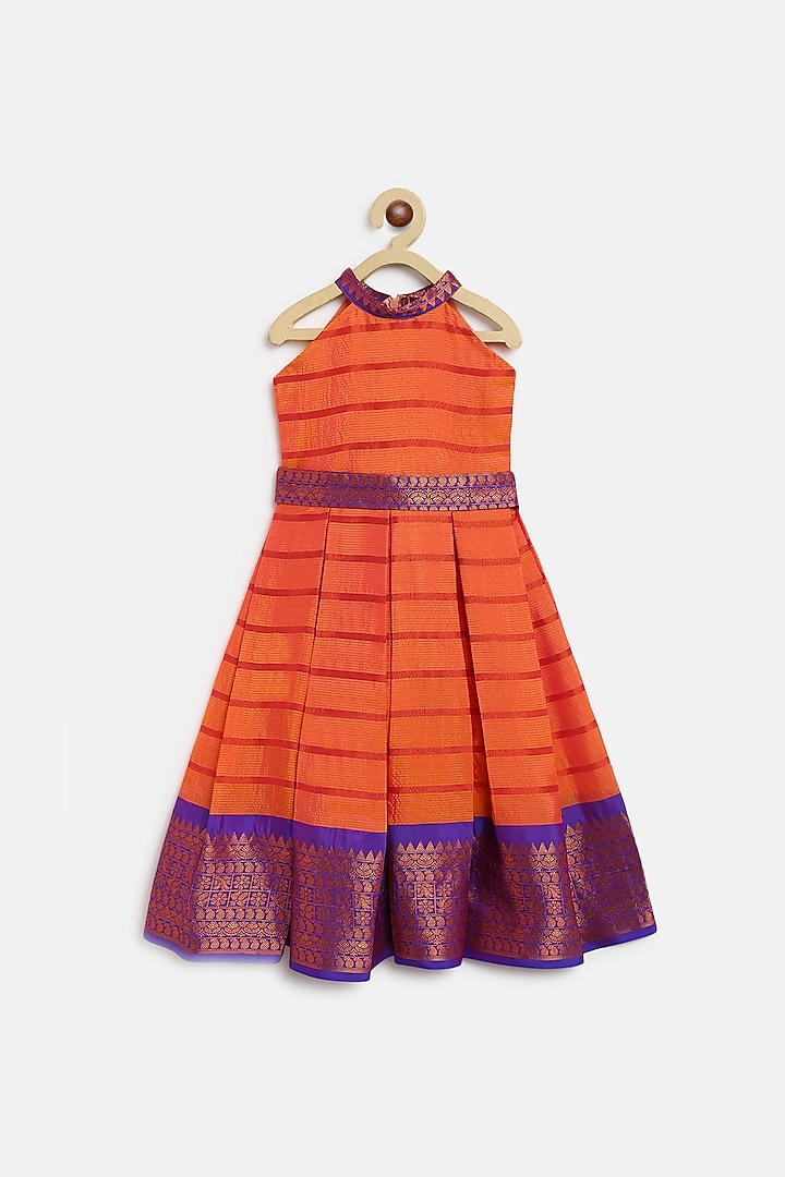 Copper Zari Silk Dress For Girls by Baby Zi