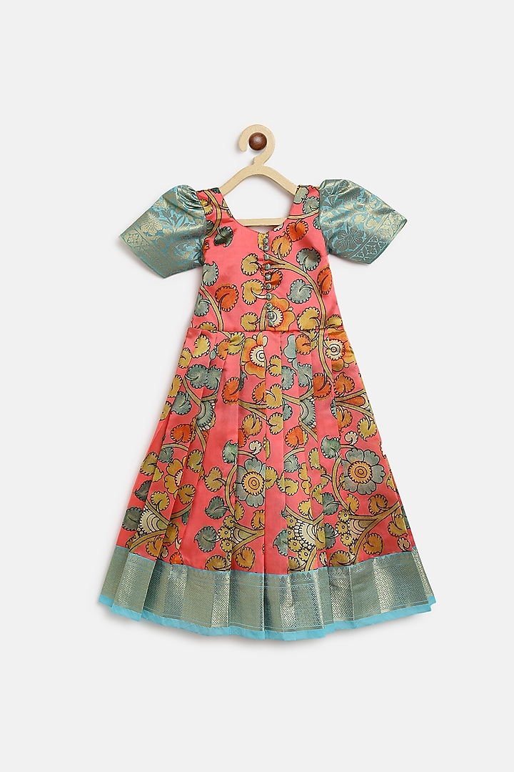 Peach Silk Printed Dress For Girls by Baby Zi