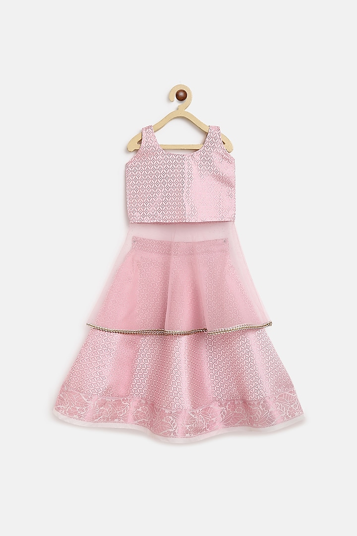 Pink Jacquard Flared Skirt Set For Girls by Baby Zi