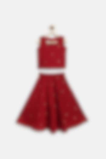 Red Dupion Flared Skirt Set For Girls by Baby Zi