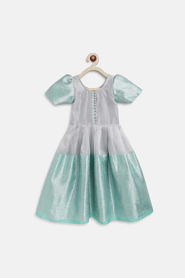 Silver & Green Tissue Dress For Girls by Baby Zi