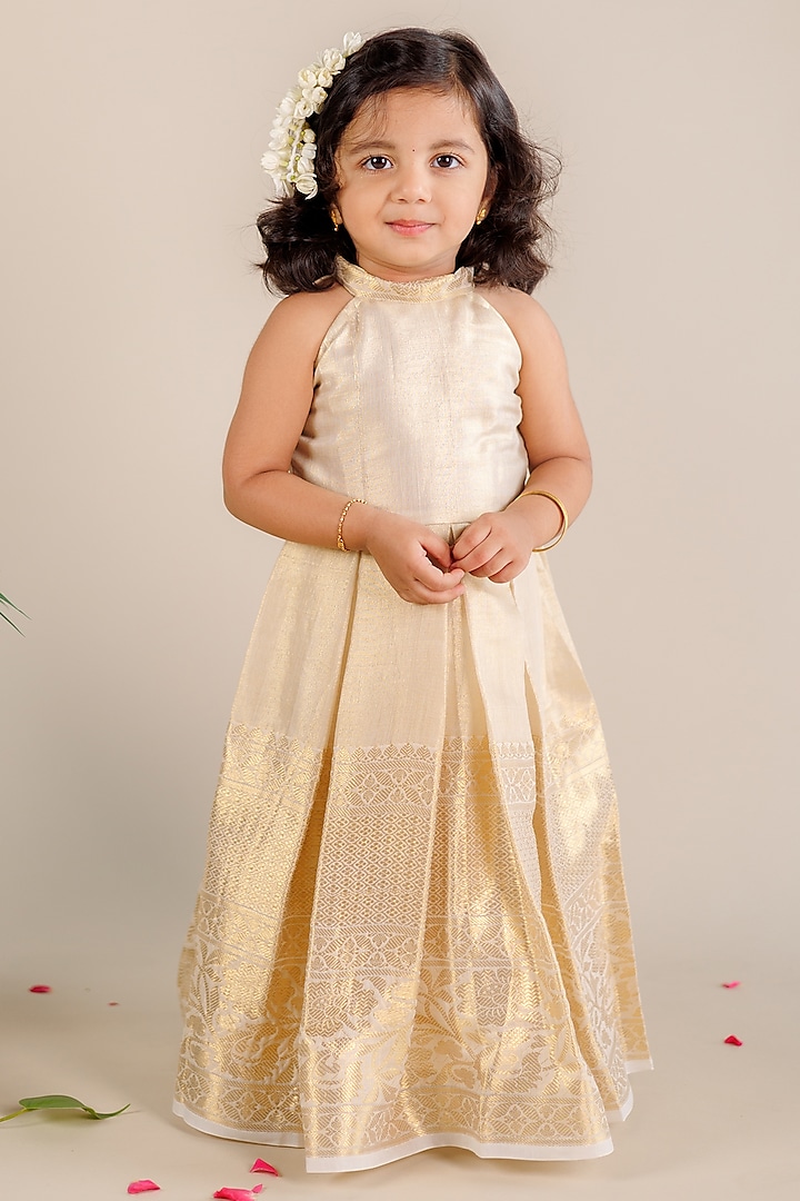 Off-White Shimmer & Handloom Tissue Flared Gown For Girls by Baby Zi at Pernia's Pop Up Shop