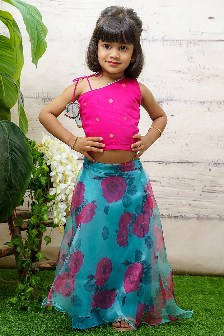 Green Organza Floral Printed Flared Skirt Set by Baby Zi