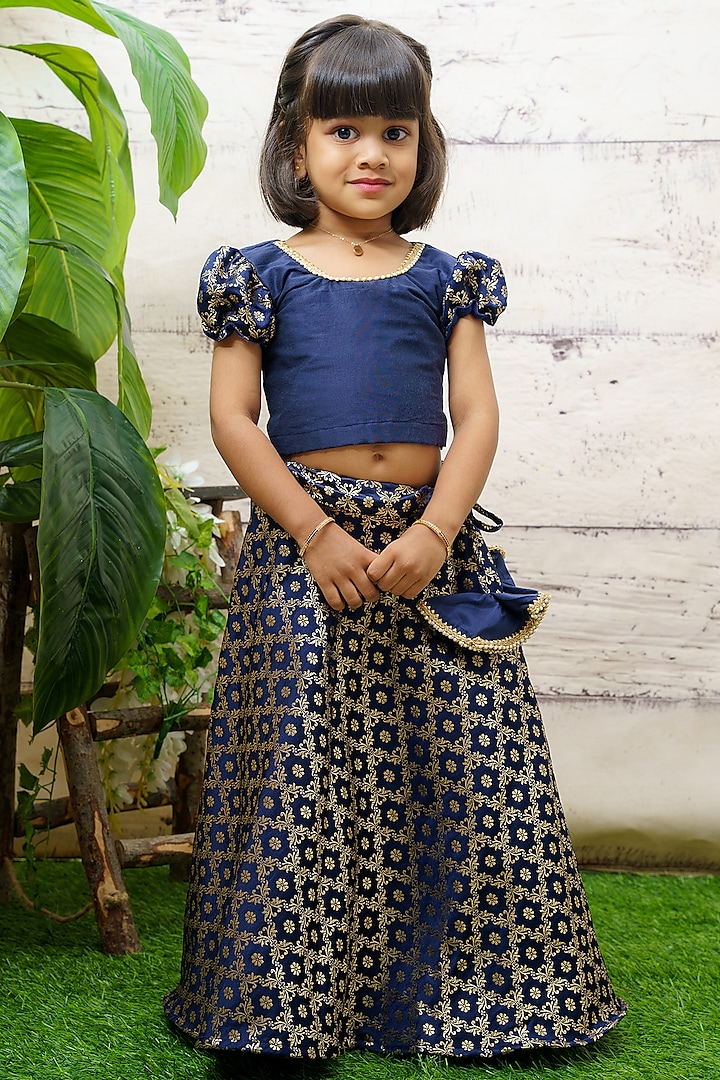 Blue Banarasi Skirt Set For Girls by Baby Zi