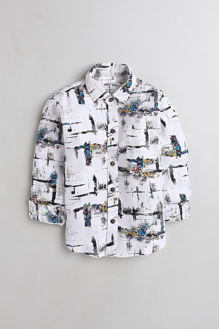 White Cotton Printed Shirt For Boys by Baatcheet