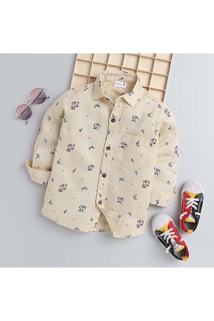 Beige Cotton Floral Printed Shirt For Boys by Baatcheet