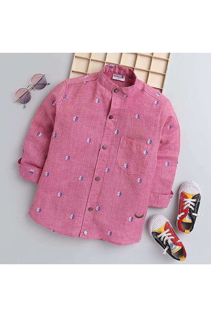 Pink Cotton Embroidered Shirt by Baatcheet