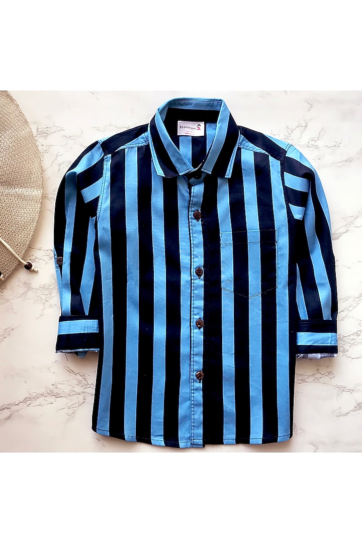 Blue Cotton Striped Shirt For Boys by Baatcheet