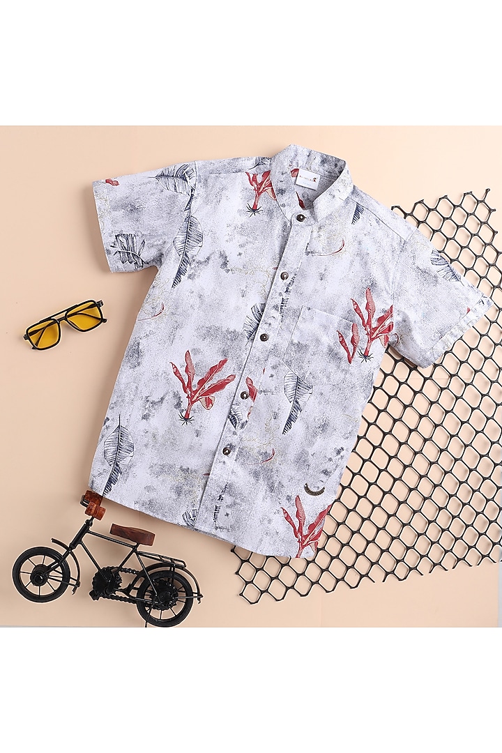 white Cotton Printed Shirt For Boys by Baatcheet at Pernia's Pop Up Shop