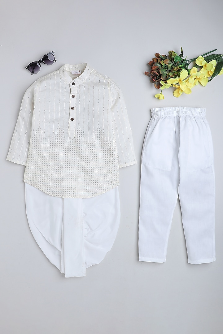 White Premium Silk Sequins Embroidered Kurta Set For Boys by Baatcheet