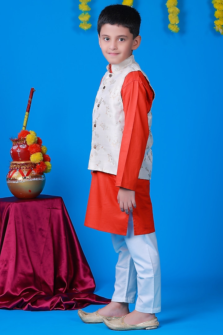 Orange Cotton Kurta Set With Bundi Jacket For Boys by Baatcheet at Pernia's Pop Up Shop