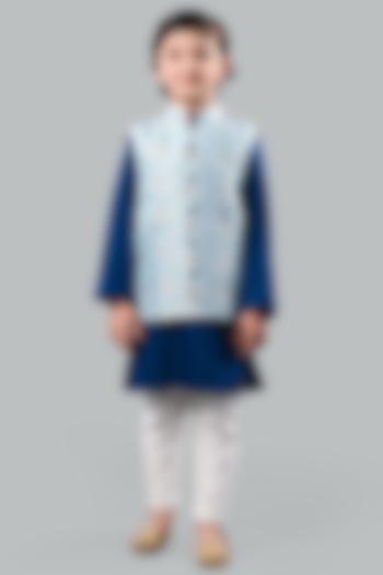 Navy Blue Cotton Kurta Set With Bundi Jacket For Boys by Baatcheet