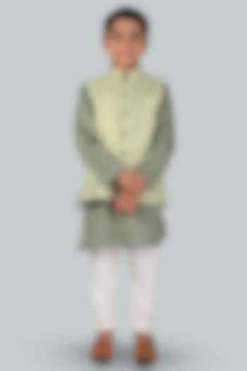 Pista Green Cotton Kurta Set With Bundi Jacket For Boys by Baatcheet