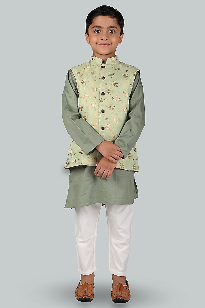 Pista Green Cotton Kurta Set With Bundi Jacket For Boys by Baatcheet
