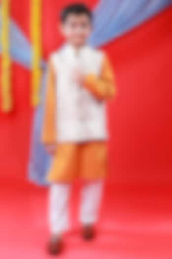 Orange Kurta Set With Bundi Jacket For Boys by Baatcheet