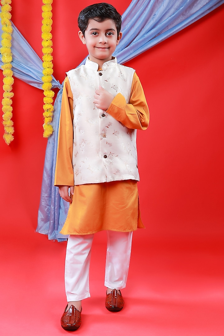 Orange Kurta Set With Bundi Jacket For Boys by Baatcheet