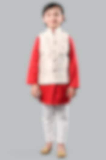 Red Cotton Kurta Set With Bundi Jacket For Boys by Baatcheet